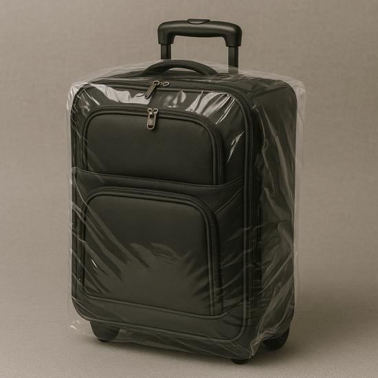 تغليف شفاف بلاستيك شنطة سفر وسط | نستلم الشنطة من بيتك ونصلحه ونرجعها لك من جميع مناطق المملكة